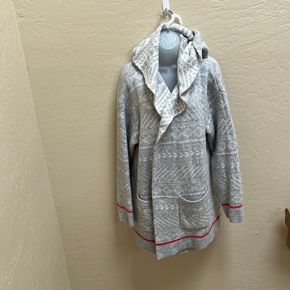 Soft plush women’s gray cardigan sweater XL or OS, 34” long with hood.